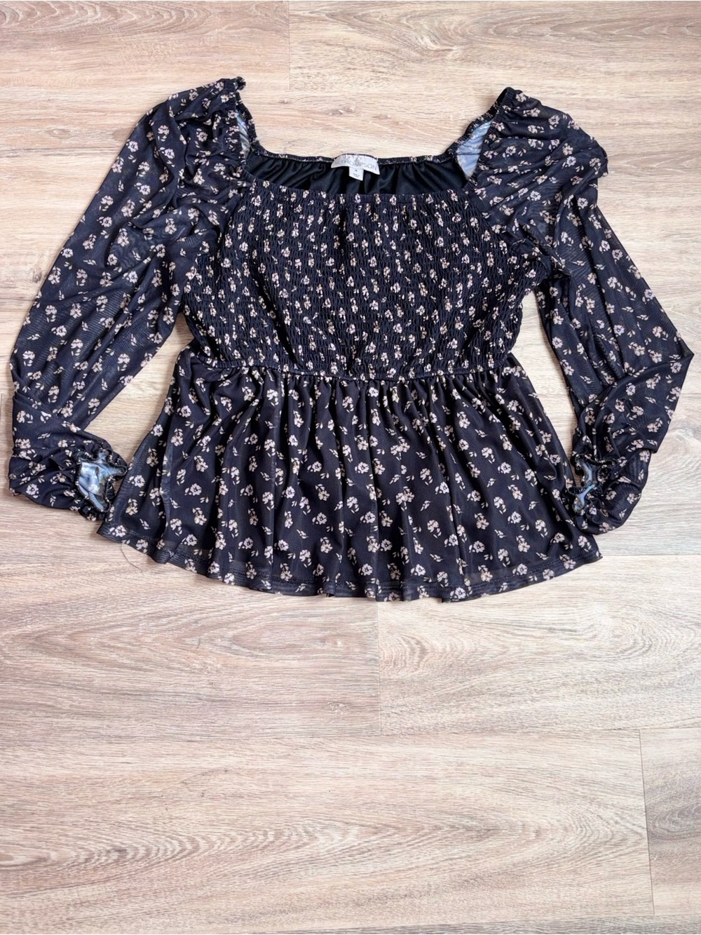 Smocked Black Floral Peplum Blouse - Unbranded
